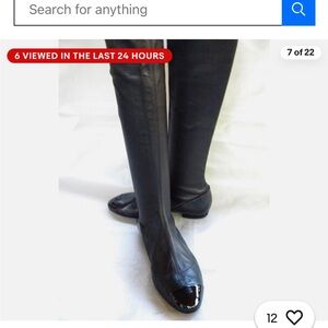 CHANEL Black Soft Leather Sock Thigh Cap Toe Logo Flat Tall Boots,size 38,5